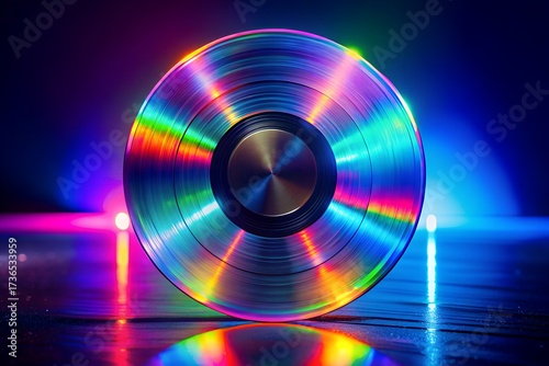 Abstract colorful vinyl record illuminated by neon lights with reflective surface