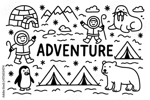 Arctic Adventure Doodle. Doodle arctic adventure with explorers, tents, and snow, center word “Adventure” in black and white
