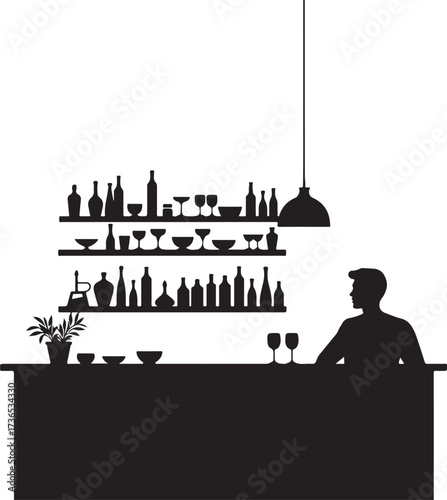 Silhouette of bartender behind bar with bottles and glasses