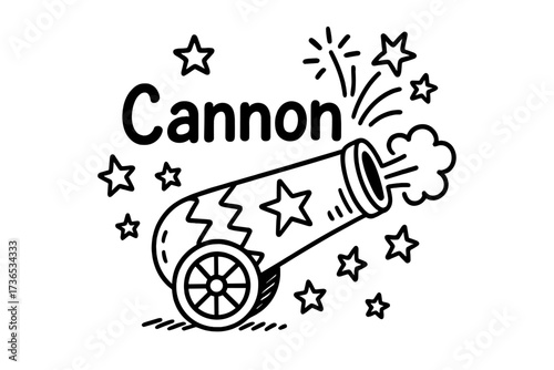 Cannon Circus Doodle. Doodle circus cannon with stars, smoke, and fireworks, center word “Cannon” in black and white isolated