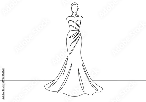 Elegant Woman in a Strapless Gown Continuous Line Art.