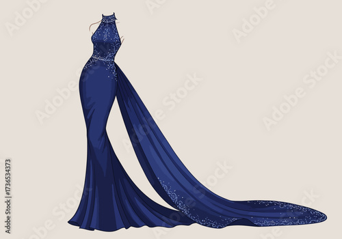 Elegant Navy Blue Gown with Embellished Train Illustration.
