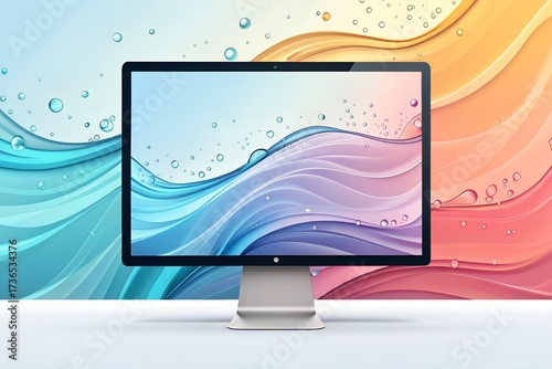 Modern computer monitor displaying a vibrant abstract wave design with bubbles and colorful background