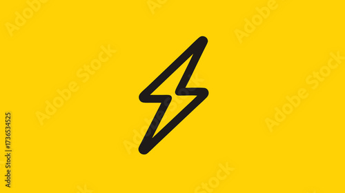 Modern black lightning bolt icon on a bright yellow background. Simple vector symbol for energy, power, electricity, speed, or a flash.