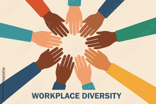 Diverse hands coming together in unity symbolizing workplace diversity and inclusion