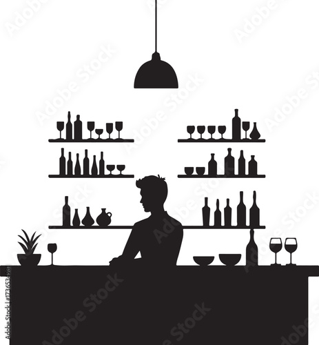 Silhouette of bartender behind bar with bottles and glasses