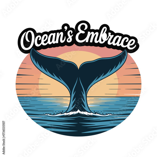 Ocean's Embrace Whale Tail Graphic with Retro Sunset and Nautical Theme