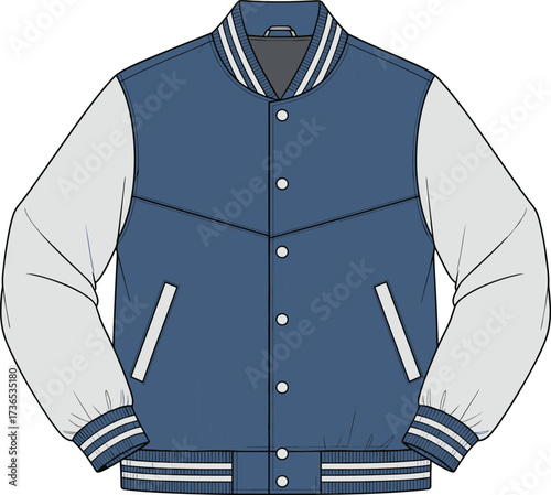 Varsity jacket illustration, blue and white outerwear, classic sportswear design, snap button coat, fashion apparel vector, casual streetwear style