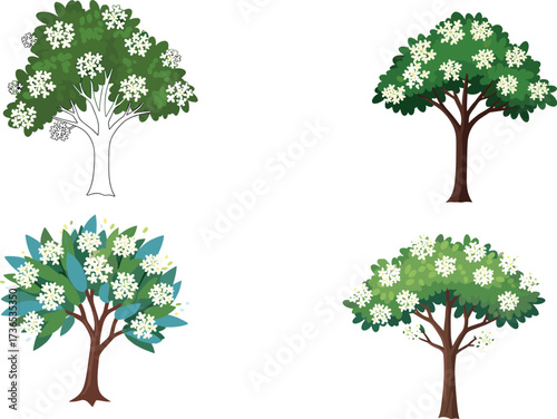 White blossom tree illustration set—green and blue-green foliage, stylized and natural styles—vector botanical artwork, seasonal nature design, expressive canopy