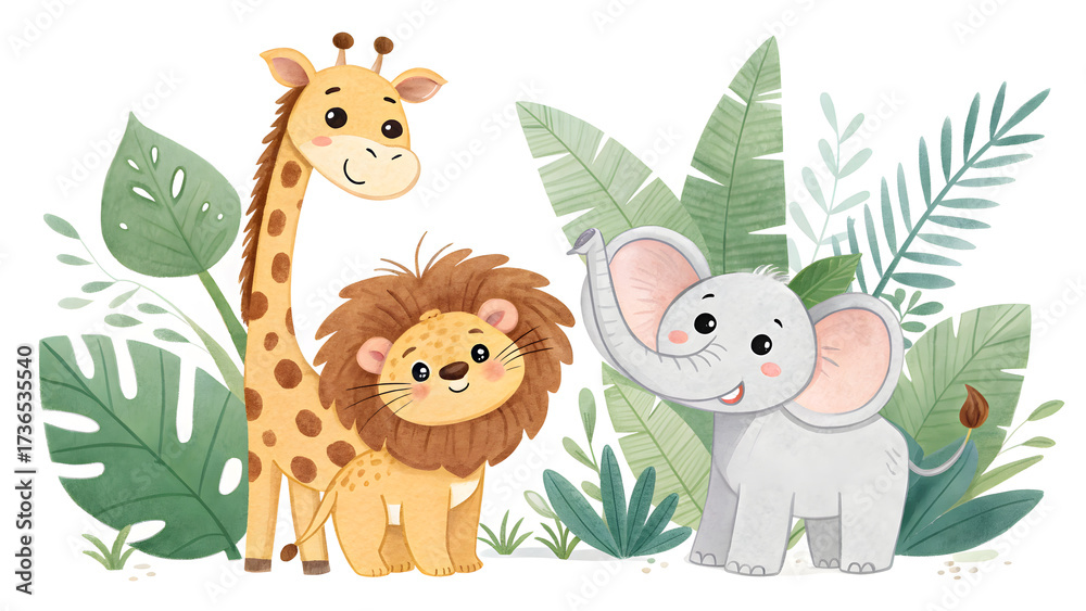 Obraz premium Adorable cartoon safari animals elephant lion giraffe jungle plants cute wildlife characters adorable nursery decor