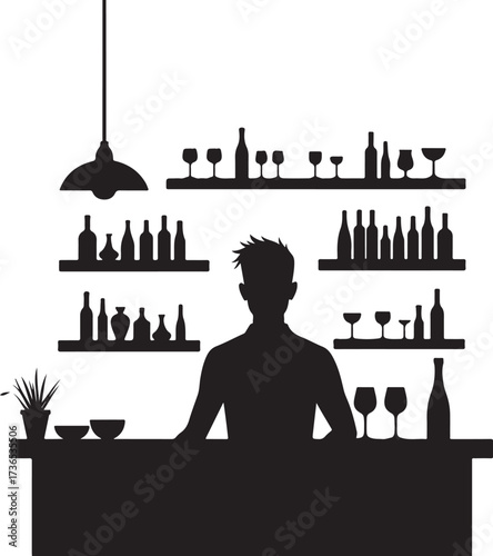 Silhouette of bartender behind bar with bottles and glasses