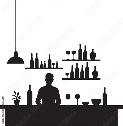 Silhouette of bartender behind bar with bottles and glasses