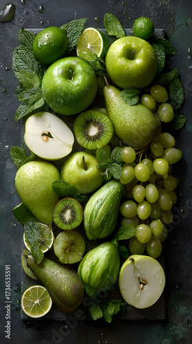 Green fruits top view for a green diet: apples, pears, kiwis, and grapes for healthy eating and weight loss