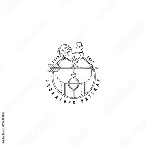 A classic circular emblem featuring a detailed rooster weathervane in black lines. The logo for Jackalope Patinas has a timeless, rustic, and handcrafted aesthetic.