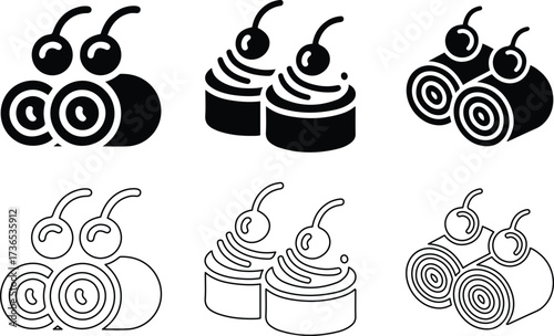 Forest Cake Roll or Yule Log Dessert line Icon Set