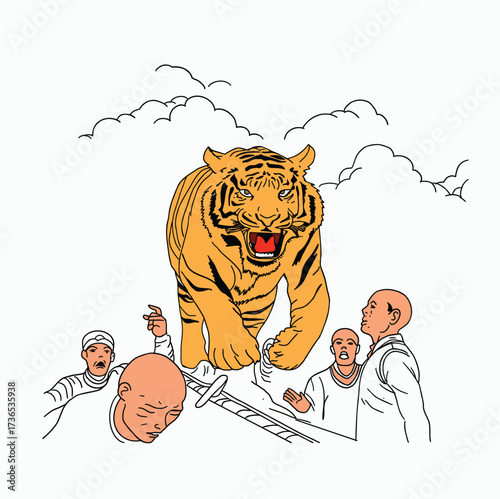 Fierce Roaring Bengal Tiger Pouncing on Terrified Group of People in Dramatic Line Art Illustration Amidst Stormy Clouds