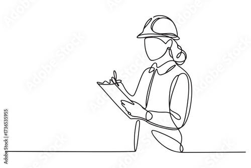 Continuous line drawing of young female architect engineer worker standing write business note on paper at clipboard wearing safety helmet. one line Icon drawing with white background