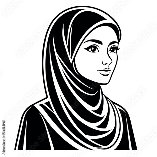 Muslim woman with hijab silhouette vector illustration,Black colour solid white background (4).eps