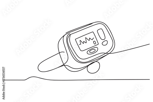 Continuous one line drawing pulse oximeter on finger. Digital device to measure oxygen saturation in human. one line Icon drawing with white background