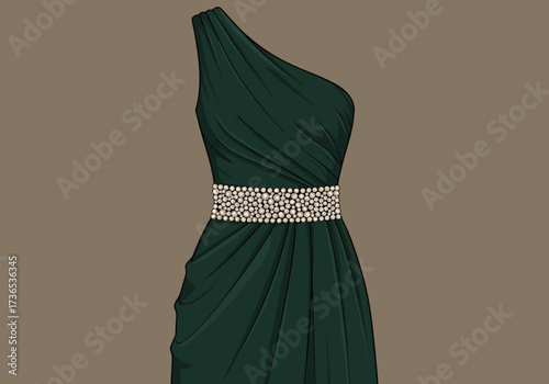 Elegant Emerald Green One-Shoulder Dress with Pearl Embellished Belt.