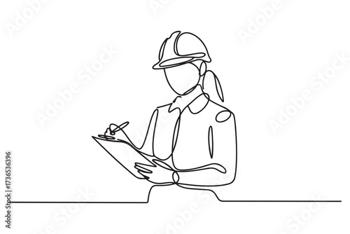 Continuous line drawing of young female architect engineer worker standing write business note on paper at clipboard wearing safety helmet. one line Icon drawing with white background