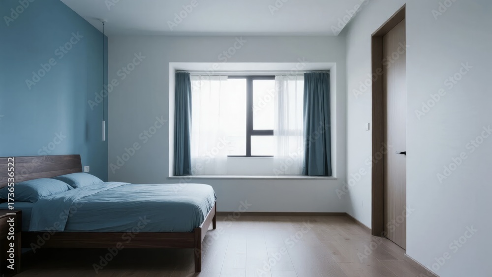Fototapeta premium Minimalist bedroom with wooden bed, blue bedding, and large window with curtains