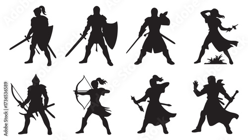 Set of warrior silhouettes featuring knights archers and sword fighters in various poses vector illustration for game design and fantasy concepts