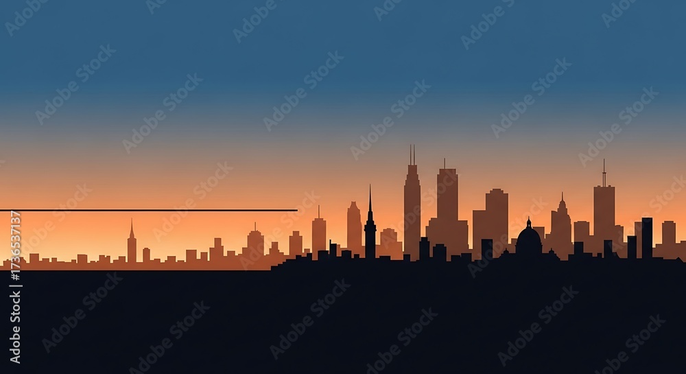 Obraz premium Modern city skyline silhouette at dusk with vibrant orange sky and deep blue horizon