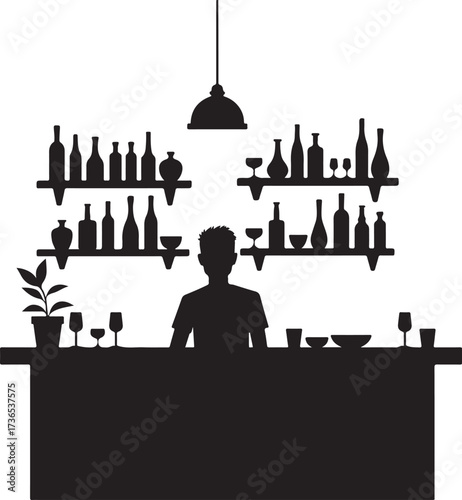 Silhouette of bartender behind bar with bottles and glasses
