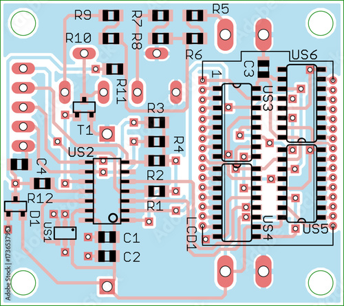 Vector printed circuit board of electronic 
device with components of radio elements, 
conductors and contact pads placed on pcb. 
Engineering technical drawing. 
Computer technic cad design.