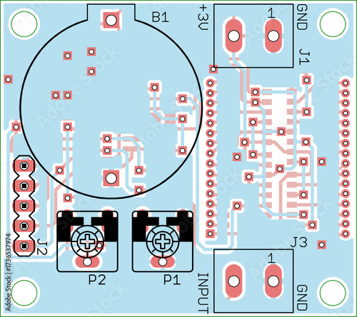 Vector printed circuit board of electronic 
device with components of radio elements, 
conductors and contact pads placed on pcb. 
Engineering technical drawing. 
Computer technic cad design.