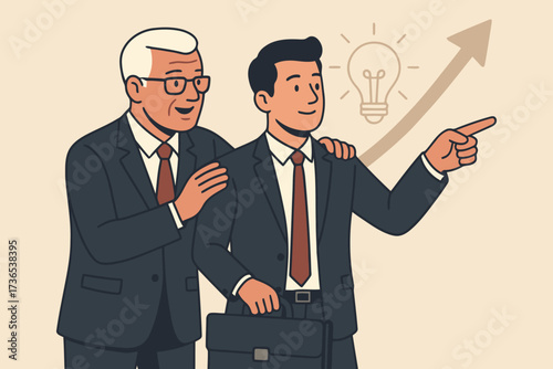 Older businessman mentors younger colleague pointing towards future success