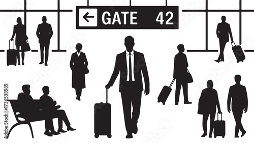 Silhouetted passengers with luggage at an airport gate vector illustration of travelers waiting to board isolated on white background