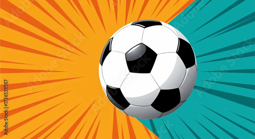 A dynamic soccer ball illustration for a sport match on a retro comic background with pop art sunburst rays
