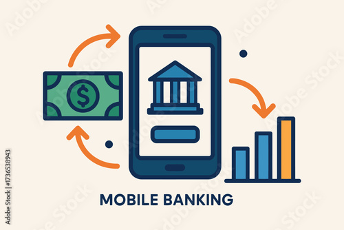 Mobile banking app interface with money transfer and growth chart