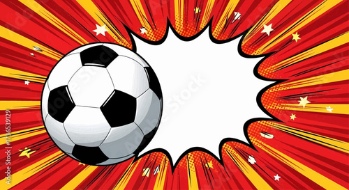 Pop art soccer ball sport illustration for tournament competition. Retro comic background with football victory