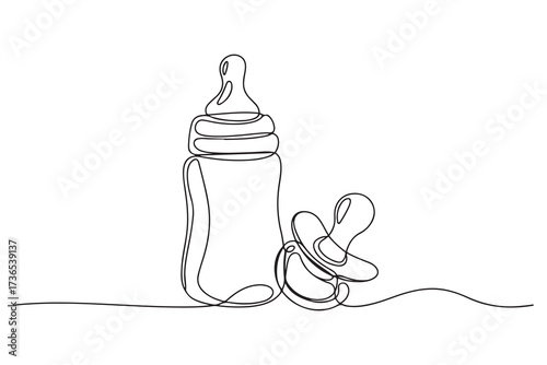 One continuous line drawing of baby feeding bottle and pacifier Baby milk bottle and pacifier outline vector illustration. one line Icon drawing with white background