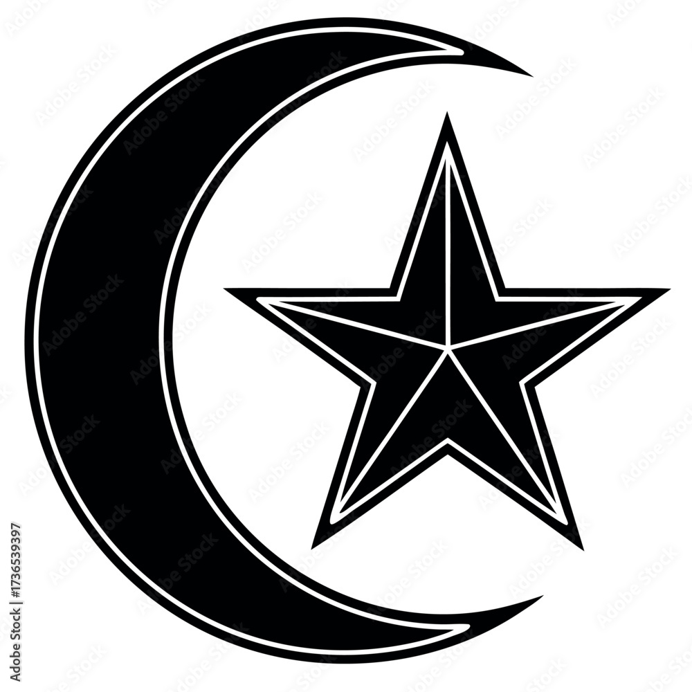 Fototapeta premium Black colour Crescent moon and star silhouette vector illustration, solid white background (8).eps
