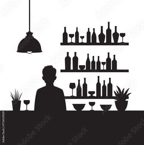 Silhouette of bartender behind bar with bottles and glasses