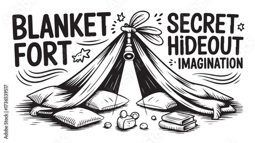 Hand-drawn illustration of a blanket fort a secret hideout for kids perfect for illustrating childhood imagination and play