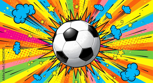 Soccer ball pop art illustration for sport competition on a retro comic background with sunburst explosion rays