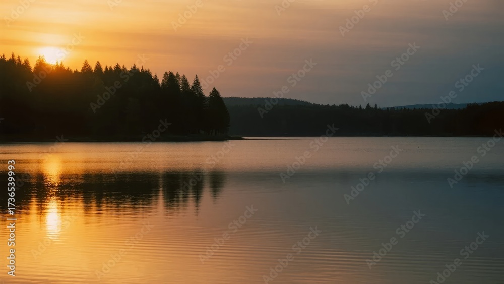 Fototapeta premium Sunset over a calm lake with forested shoreline and golden reflections