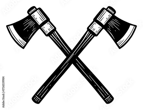 Crossed Axes Vintage Retro Woodcut Black and White Outline Line Art Drawing Illustration