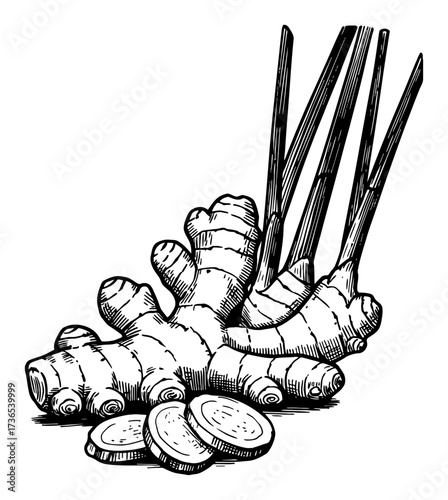 Detailed Ginger Root Rhizome Slices Black and White Outline Line Art Drawing Vintage Engraving Style