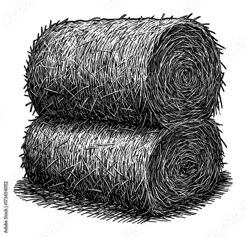 Two Stacked Round Hay Bales Harvest Agricultural Field Product Black and White Outline Line Art Drawing