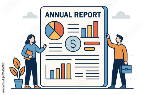 Business professionals analyzing financial data in an annual report document