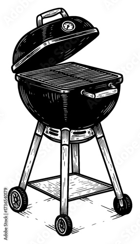 Vintage Kettle Grill with Open Lid Wheels and Temperature Gauge Black and White Outline Line Art Drawing
