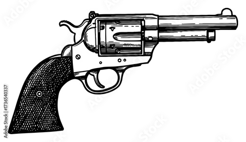 Retro Vintage Revolver Handgun Side View Black and White Outline Line Art Drawing Engraving Style