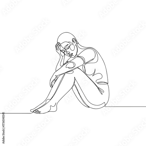 Continuous line drawing of a sad and depressed woman sitting on the floor, head in hands, feeling despair and loneliness.