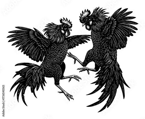Two Roosters in a Fight with Beautiful Tails Dynamic Choreography Black and White Outline Line Art Drawing